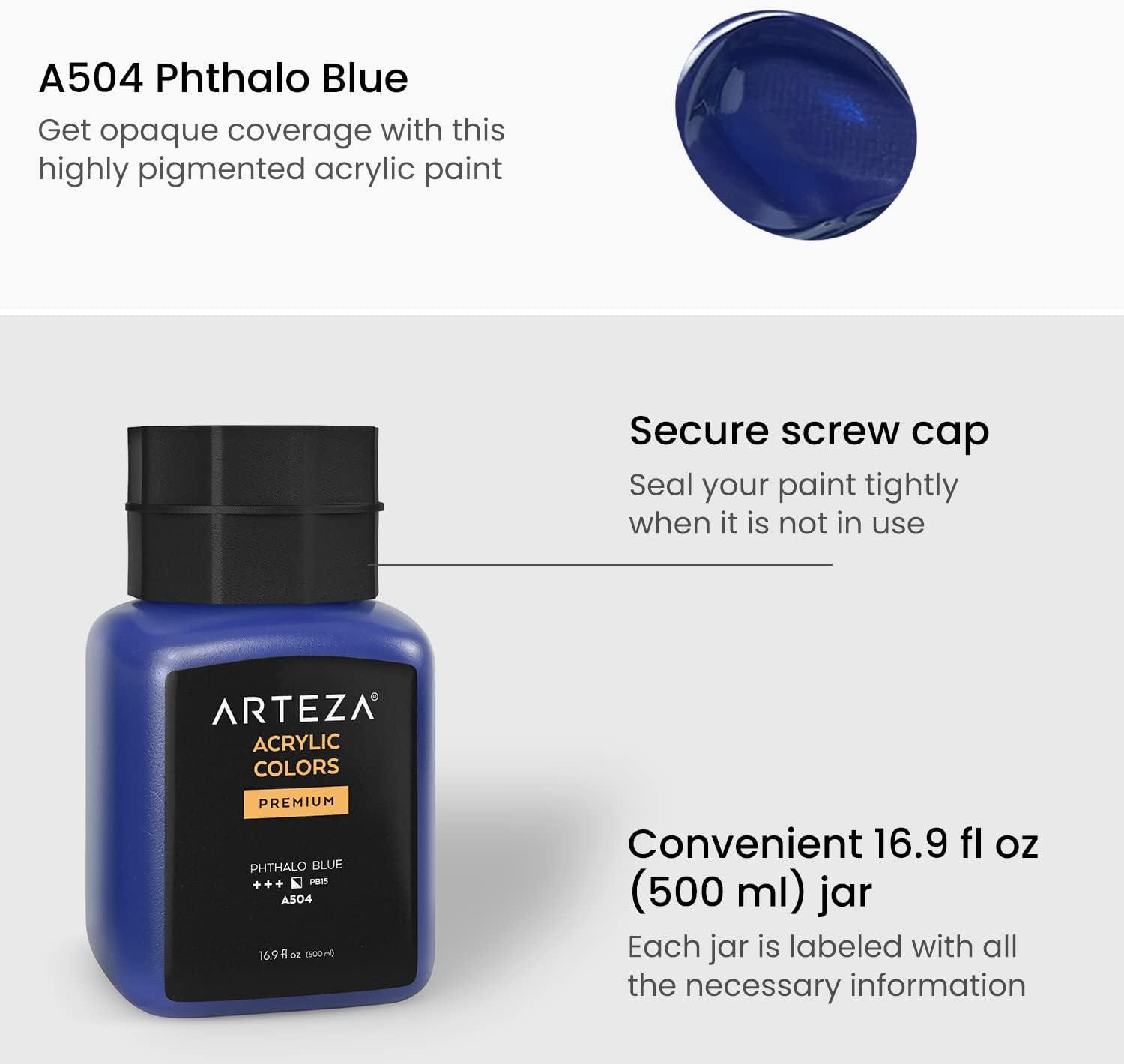 imageARTEZA Acrylic Paint A104 Yellow Ochre 169 fl oz 500ml Jar Opaque QuickDrying Acrylic Paints for Painting on Canvas Paper WoodA504 Phthalo Blue