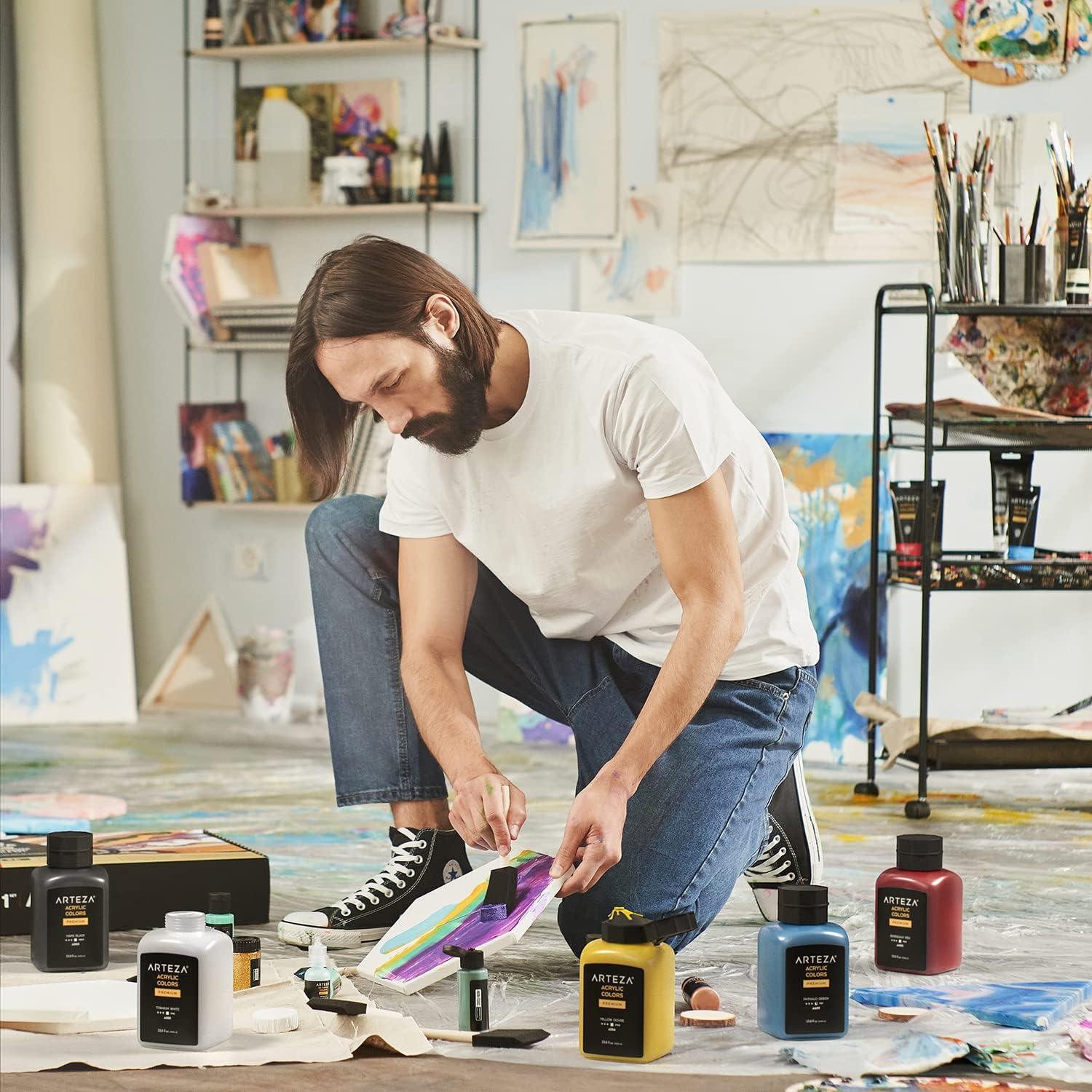 imageARTEZA Acrylic Paint A104 Yellow Ochre 169 fl oz 500ml Jar Opaque QuickDrying Acrylic Paints for Painting on Canvas Paper WoodA504 Phthalo Blue