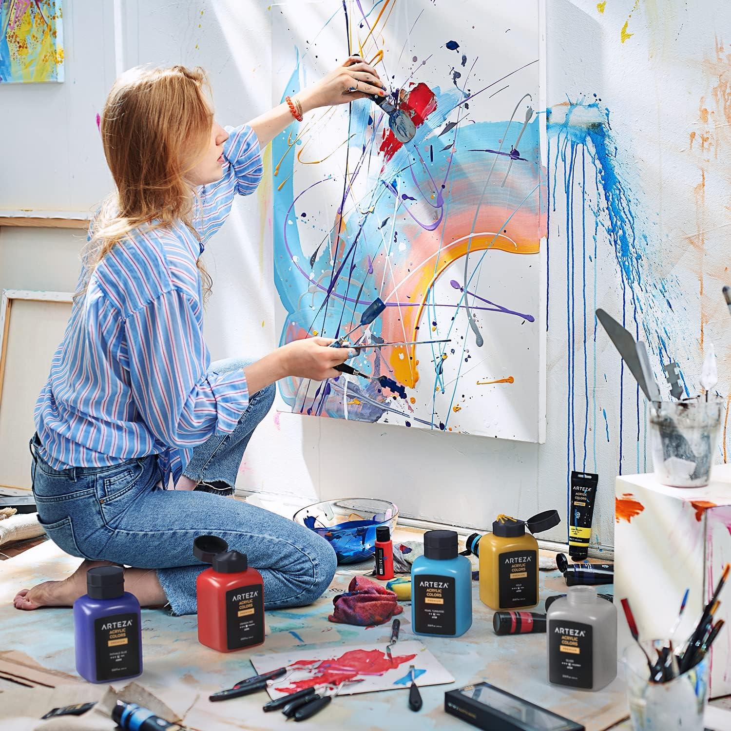 imageARTEZA Acrylic Paint A104 Yellow Ochre 169 fl oz 500ml Jar Opaque QuickDrying Acrylic Paints for Painting on Canvas Paper WoodA504 Phthalo Blue