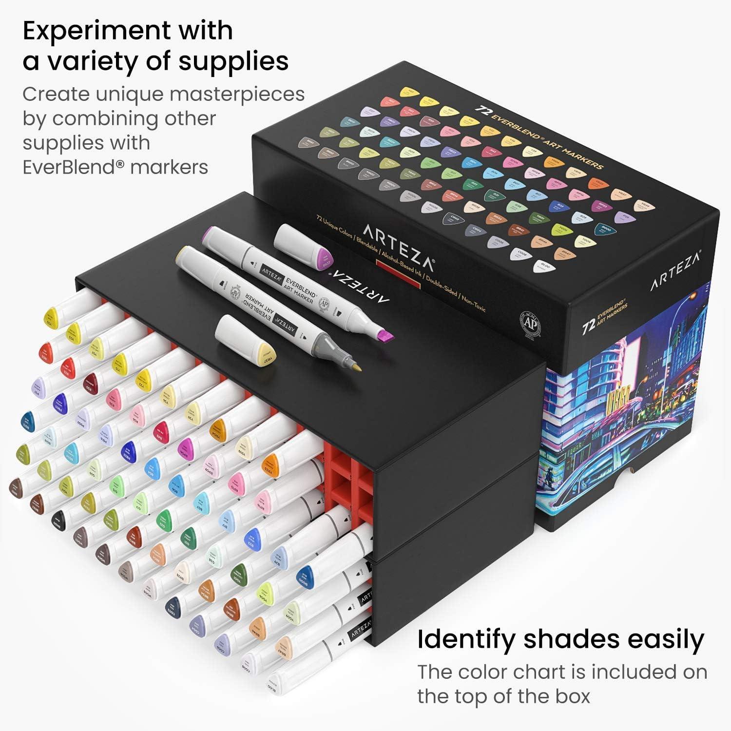 imageARTEZA Art Alcohol Markers Set of 72 Colors EverBlend Dual Tip Markers with Organizer Box Fine and Broad Chisel NibMulticolor