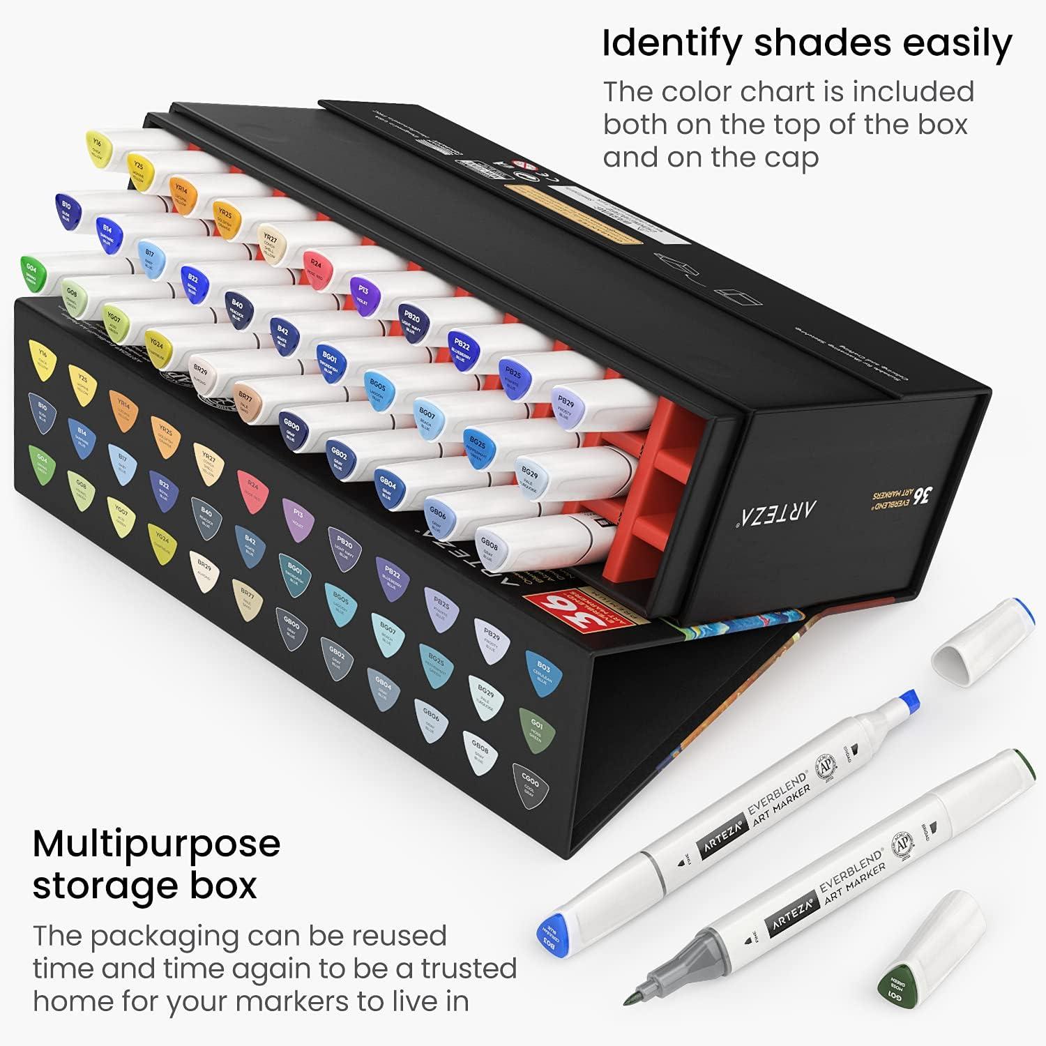 imageARTEZA Art Alcohol Markers Set of 72 Colors EverBlend Dual Tip Markers with Organizer Box Fine and Broad Chisel NibOcean Tones