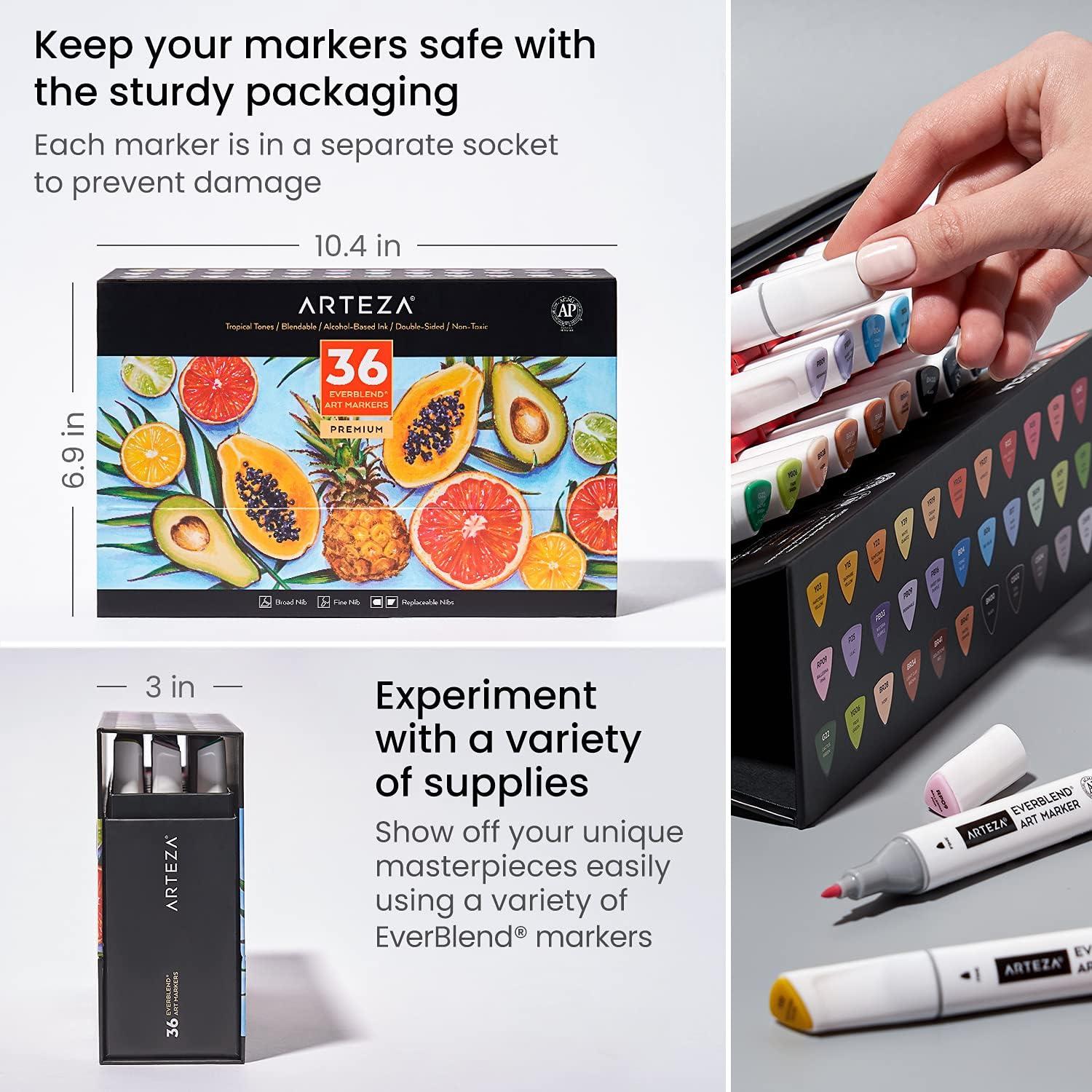 imageARTEZA Art Alcohol Markers Set of 72 Colors EverBlend Dual Tip Markers with Organizer Box Fine and Broad Chisel NibTropical Tones