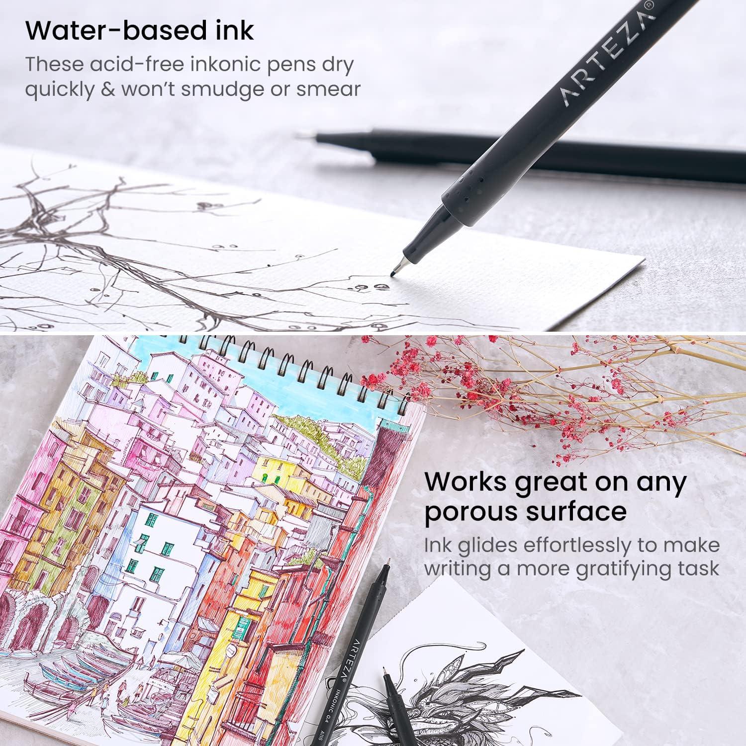 imageARTEZA Black Inkonic Fineliners Pens Set of 12 04 mm Fine Tip Markers WaterBased Art Pens for Drawing Sketching Journaling Calligraphy1 Count Pack of 24