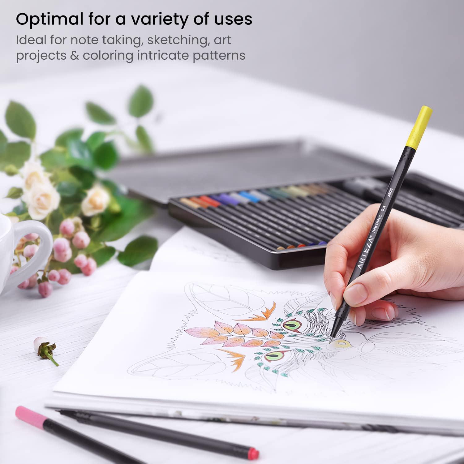 imageARTEZA Black Inkonic Fineliners Pens Set of 12 04 mm Fine Tip Markers WaterBased Art Pens for Drawing Sketching Journaling Calligraphy1 Count Pack of 24