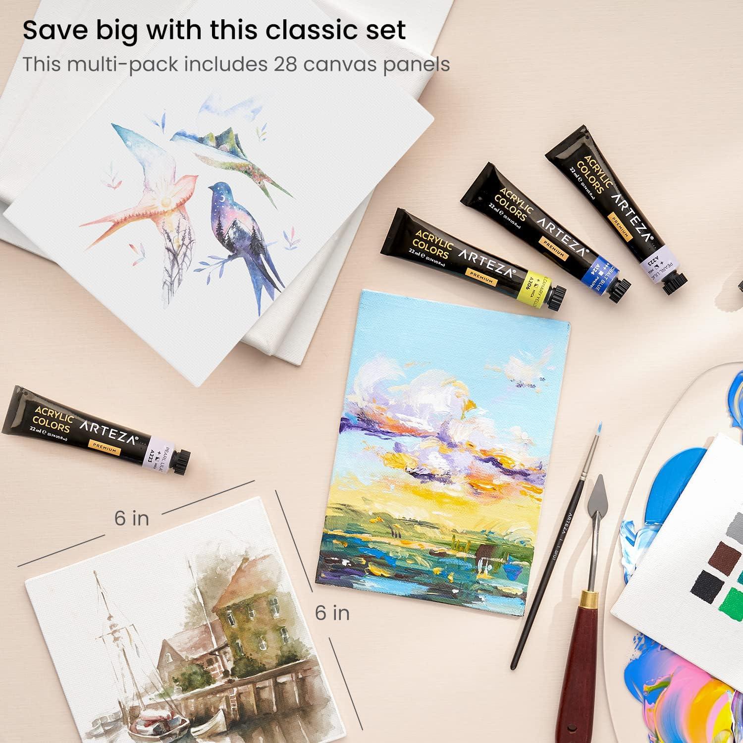 imageARTEZA Canvas Boards for Painting 5 x 7 Inches Pack of 14 Blank White Small Canvas Panels for Acrylic Oil and Gouache Painting6 x 6 Pack of 28