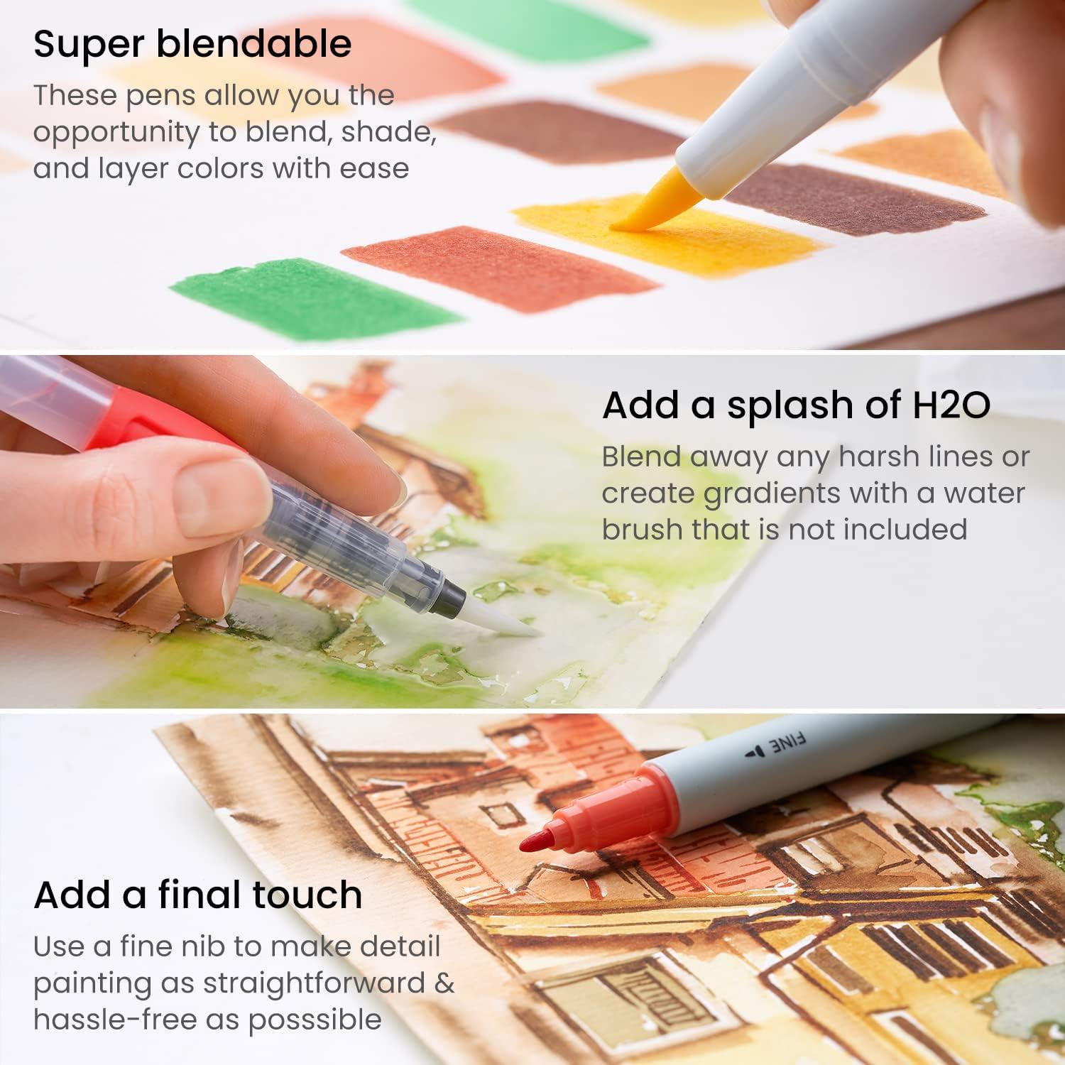 imageARTEZA Dual Tip Brush Pens 12 Earth Tones Watercolor Calligraphy Markers Nylon Brush and Fine Tip WaterBased Ink for Illustration Lettering