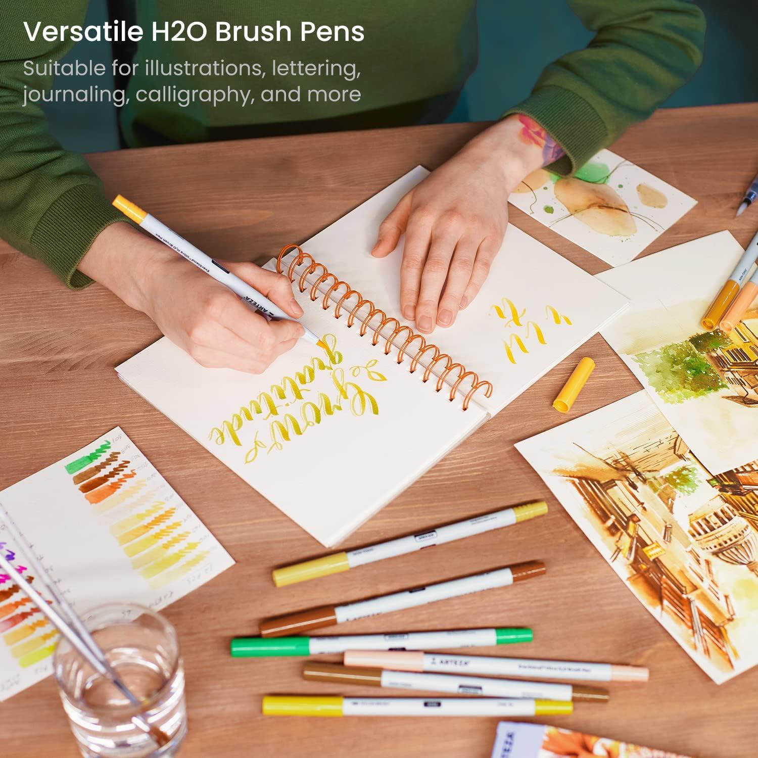 imageARTEZA Dual Tip Brush Pens 12 Earth Tones Watercolor Calligraphy Markers Nylon Brush and Fine Tip WaterBased Ink for Illustration Lettering