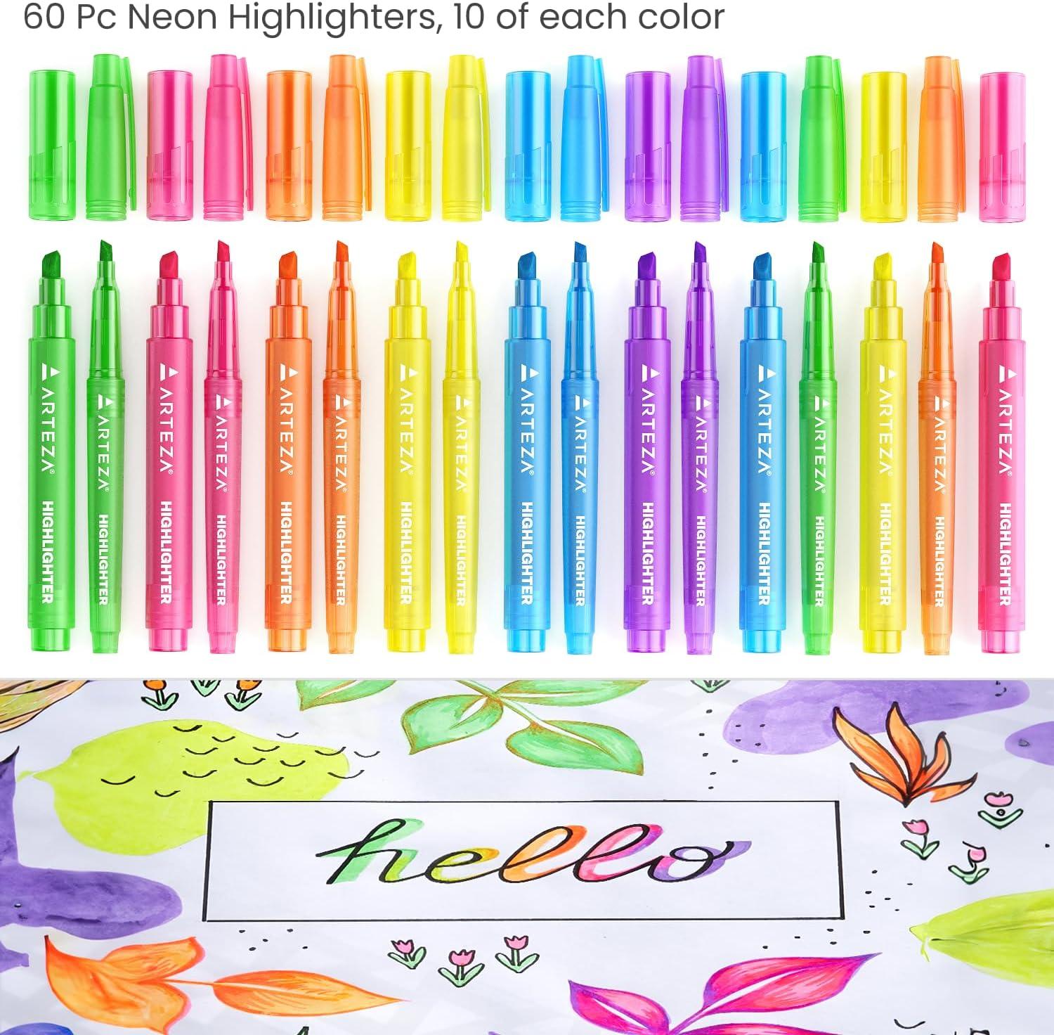 imageARTEZA Highlighters Bulk Set of 60 Neon Colors with Broad and Narrow Chisel Tips NonToxic QuickDry Markers for School Office Journaling ampamp Notes1 Count Pack of 60