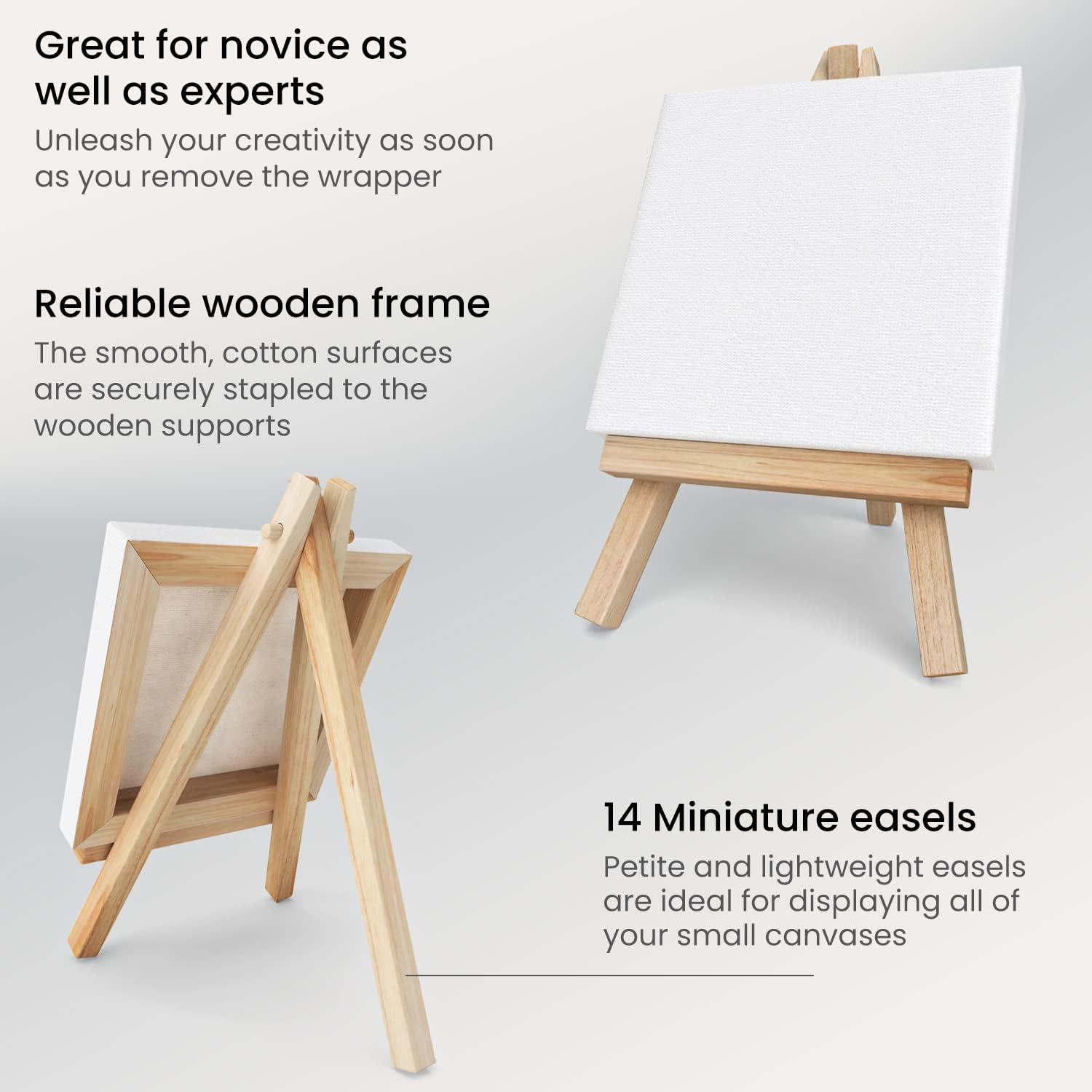 imageARTEZA Small Canvases for Painting with Easels Pack of 14 3 x 3 Inches Blank White Canvas for Painting Art Supplies for Acrylic Oil and GouacheMulticolor