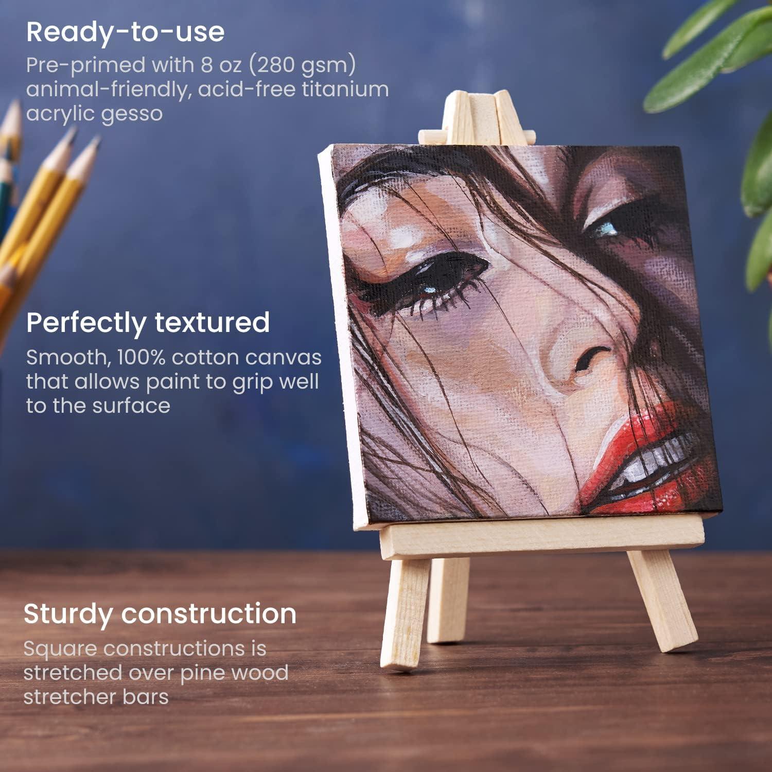imageARTEZA Small Canvases for Painting with Easels Pack of 14 3 x 3 Inches Blank White Canvas for Painting Art Supplies for Acrylic Oil and GouacheMulticolor