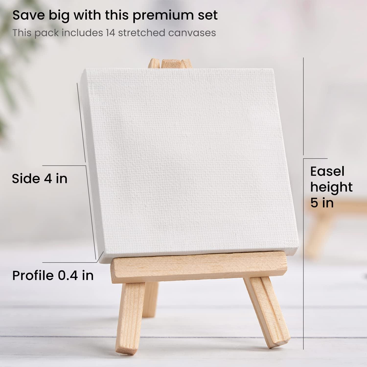imageARTEZA Small Canvases for Painting with Easels Pack of 14 3 x 3 Inches Blank White Canvas for Painting Art Supplies for Acrylic Oil and GouacheMulticolor