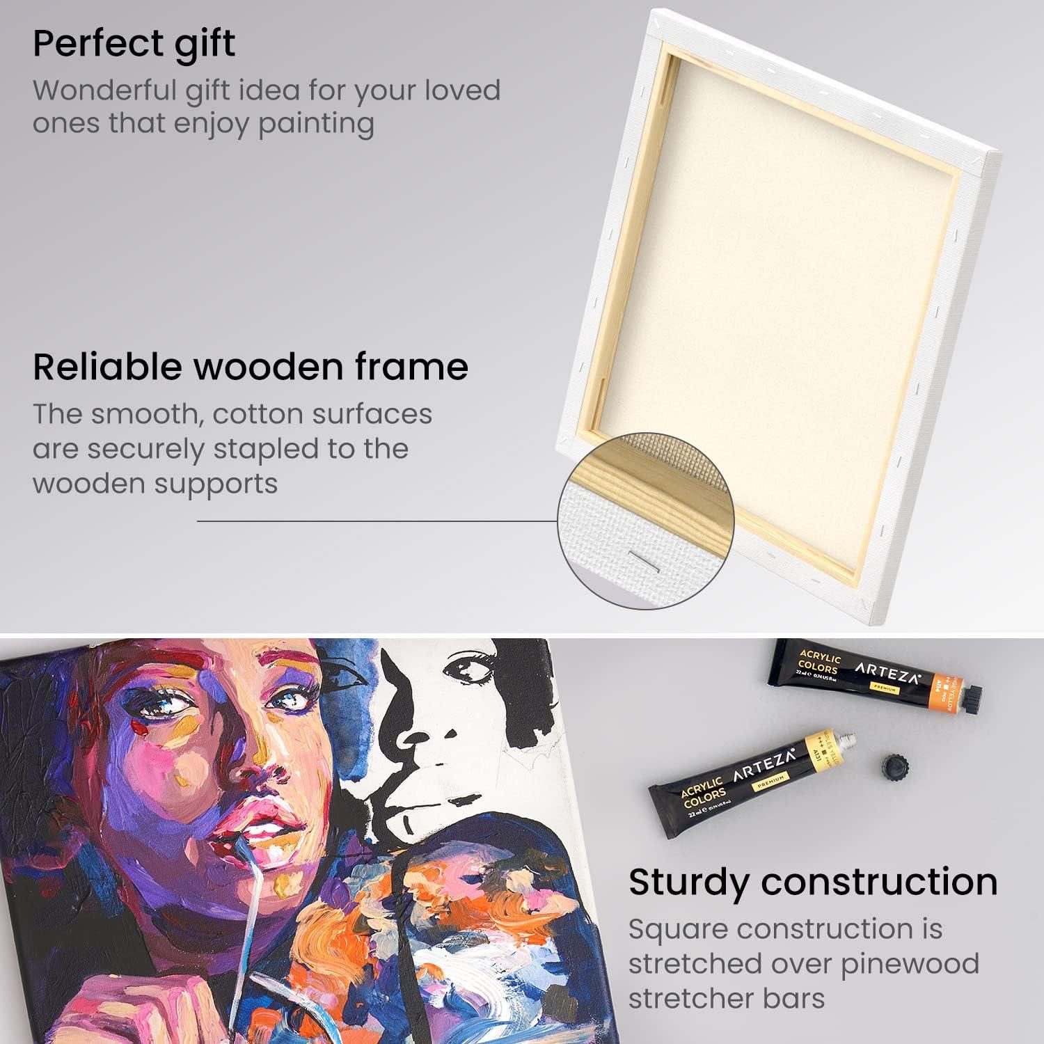 imageARTEZA Small Canvases for Painting with Easels Pack of 14 3 x 3 Inches Blank White Canvas for Painting Art Supplies for Acrylic Oil and GouacheWhite Classic