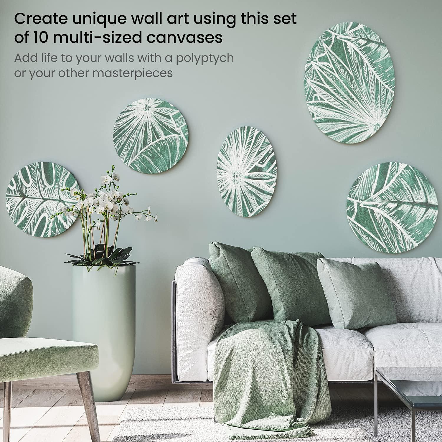 imageARTEZA Stretched Canvas Multipack of 10 Round Oval Triangle and Hexagonal Canvas Blank White Canvas Boards for Acrylic Oil and Gouache PaintingLarge