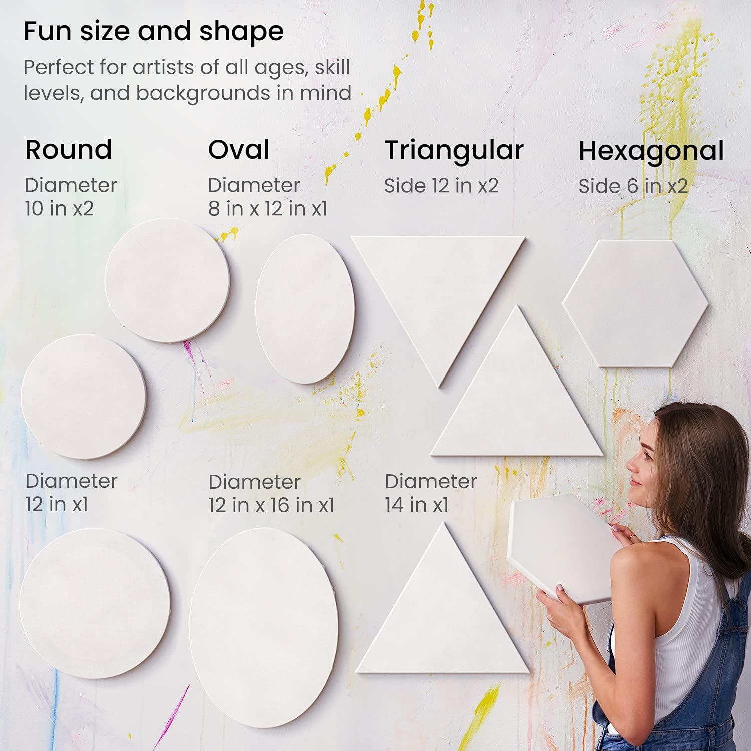 imageARTEZA Stretched Canvas Multipack of 10 Round Oval Triangle and Hexagonal Canvas Blank White Canvas Boards for Acrylic Oil and Gouache PaintingLarge