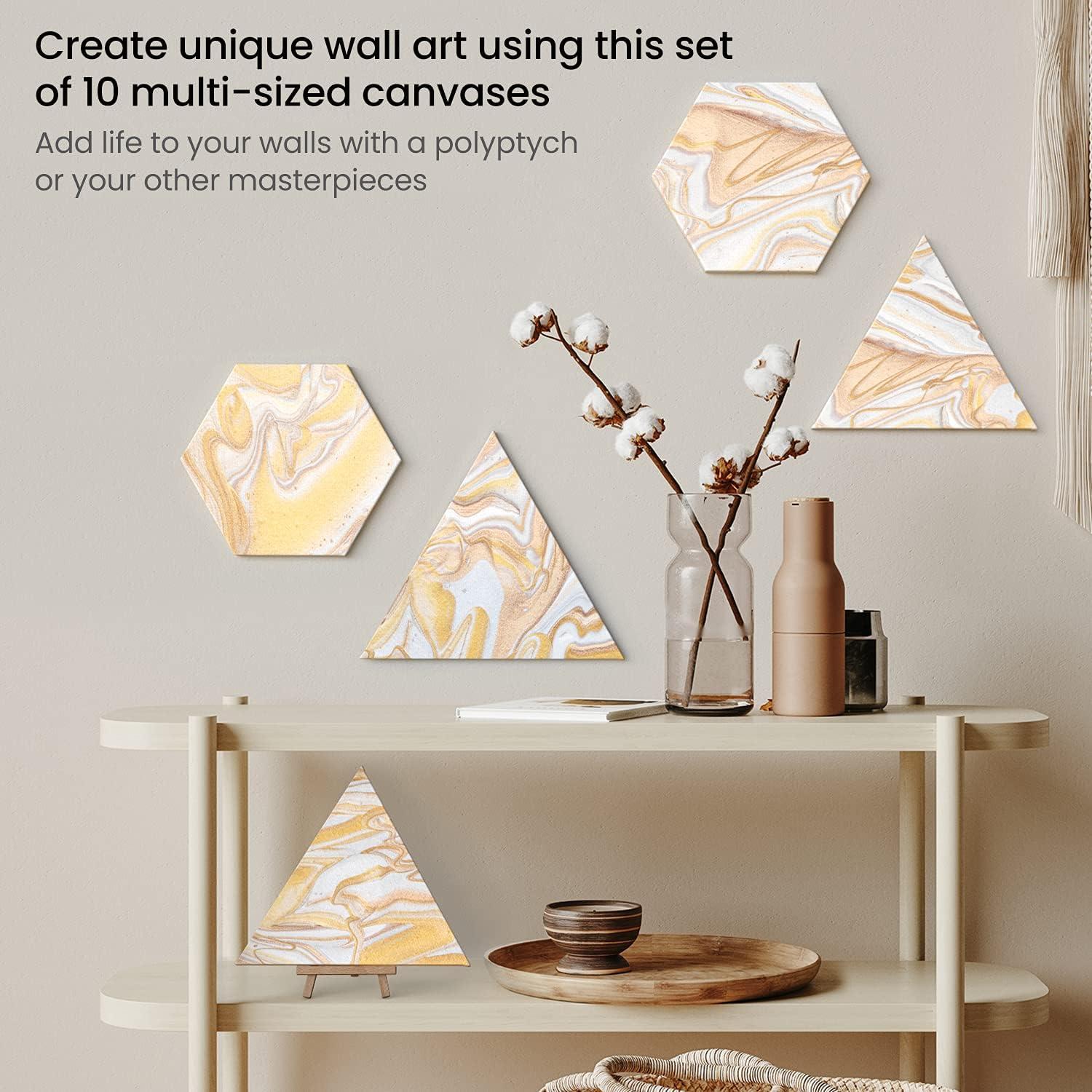 imageARTEZA Stretched Canvas Multipack of 10 Round Oval Triangle and Hexagonal Canvas Blank White Canvas Boards for Acrylic Oil and Gouache PaintingLarge
