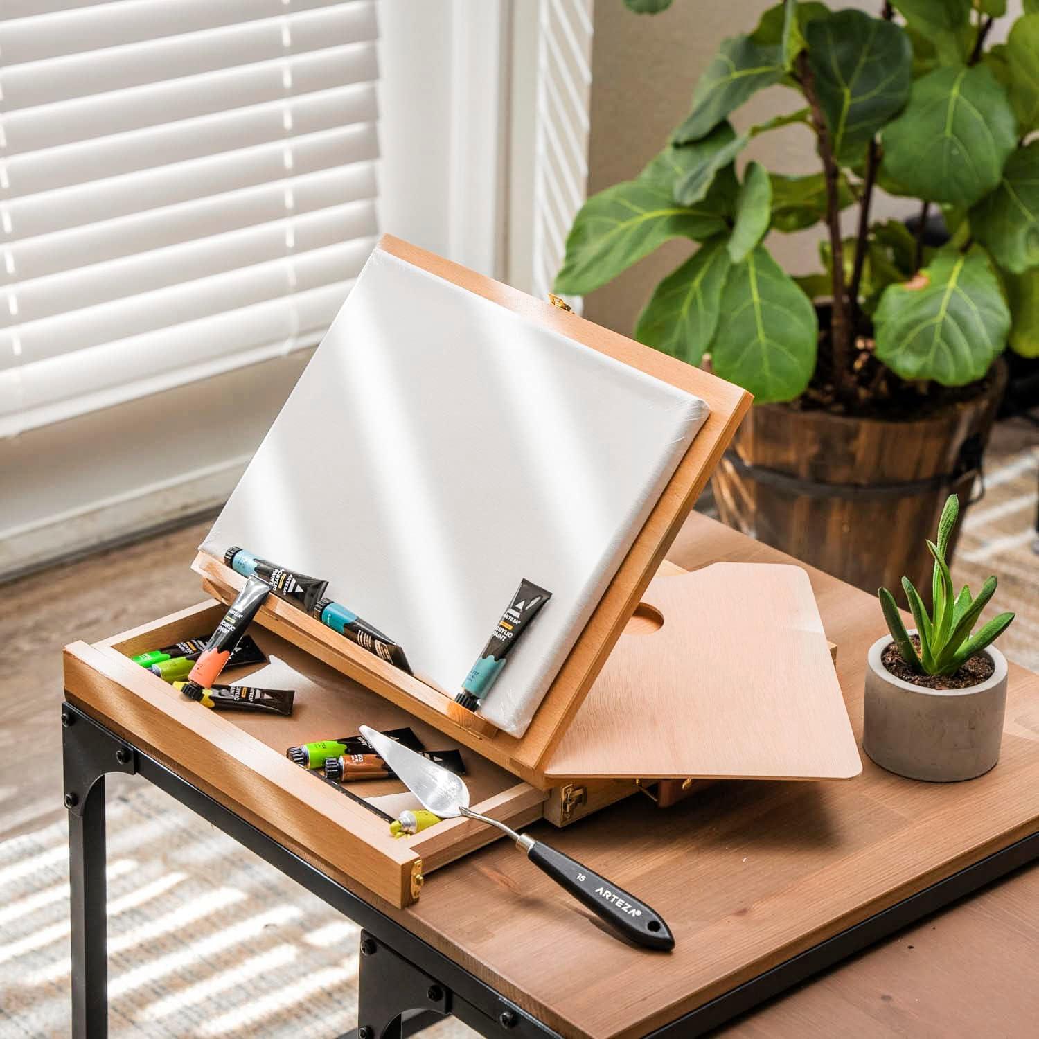 imageARTEZA Tabletop Easel 134x103x2 Inches Portable Beechwood Easel Box with Drawer ampamp Palette for Artists134 x 103 with 3Compartment Drawer