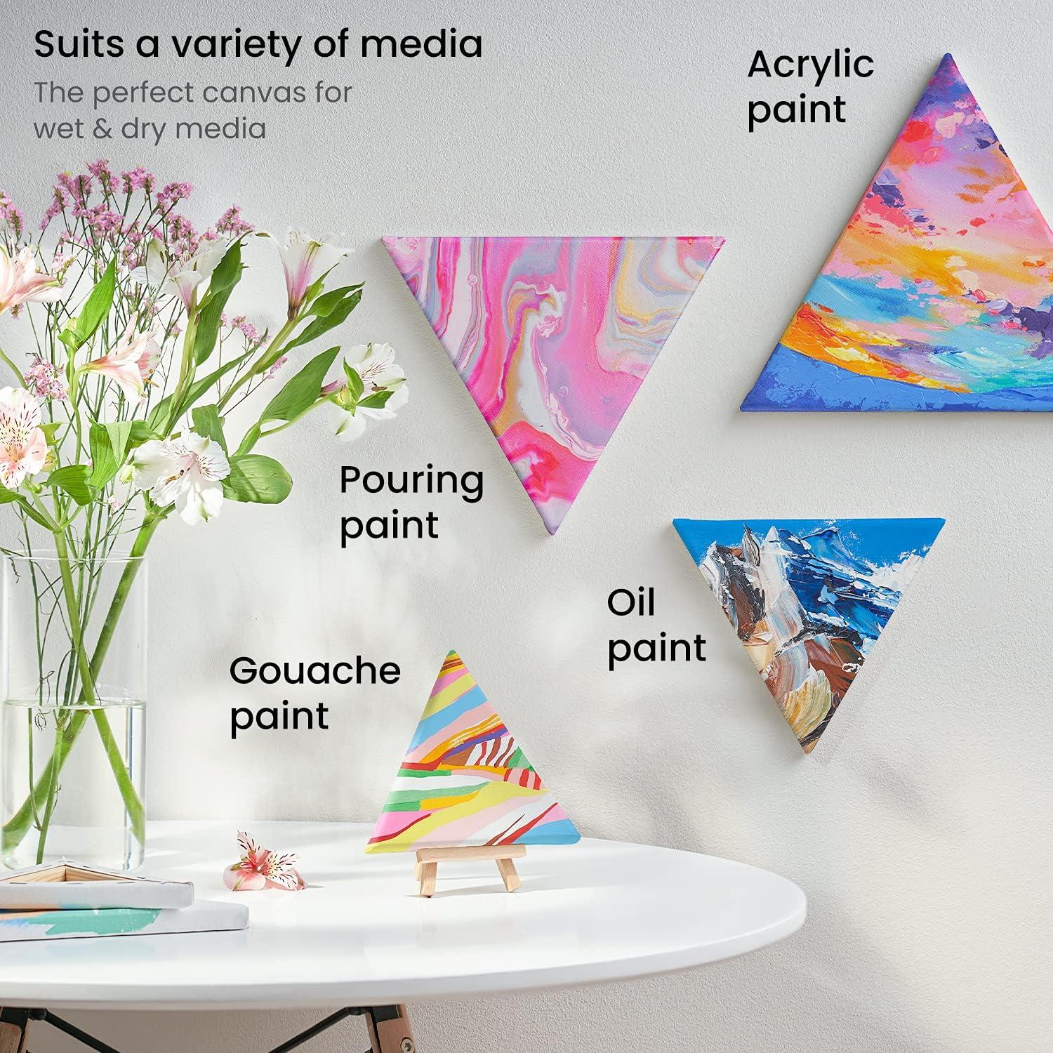 imageARTEZA Triangle Stretched Canvas 14 Inch Side Pack of 8 Blank White Cotton Canvases for Acrylic Oil Gouache Painting PrePrimed on Wood Frame14 inch
