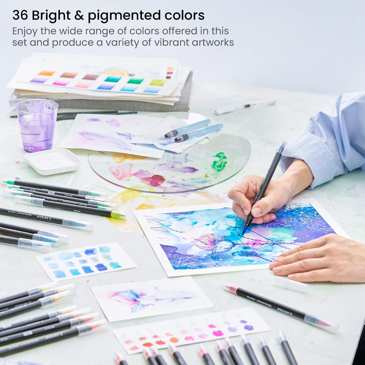 imageARTEZA Watercolor Pens 36 DualTip Markers with Flexible Nylon Brush Tips Classic Tones Double Sided Markers with Water Brush36