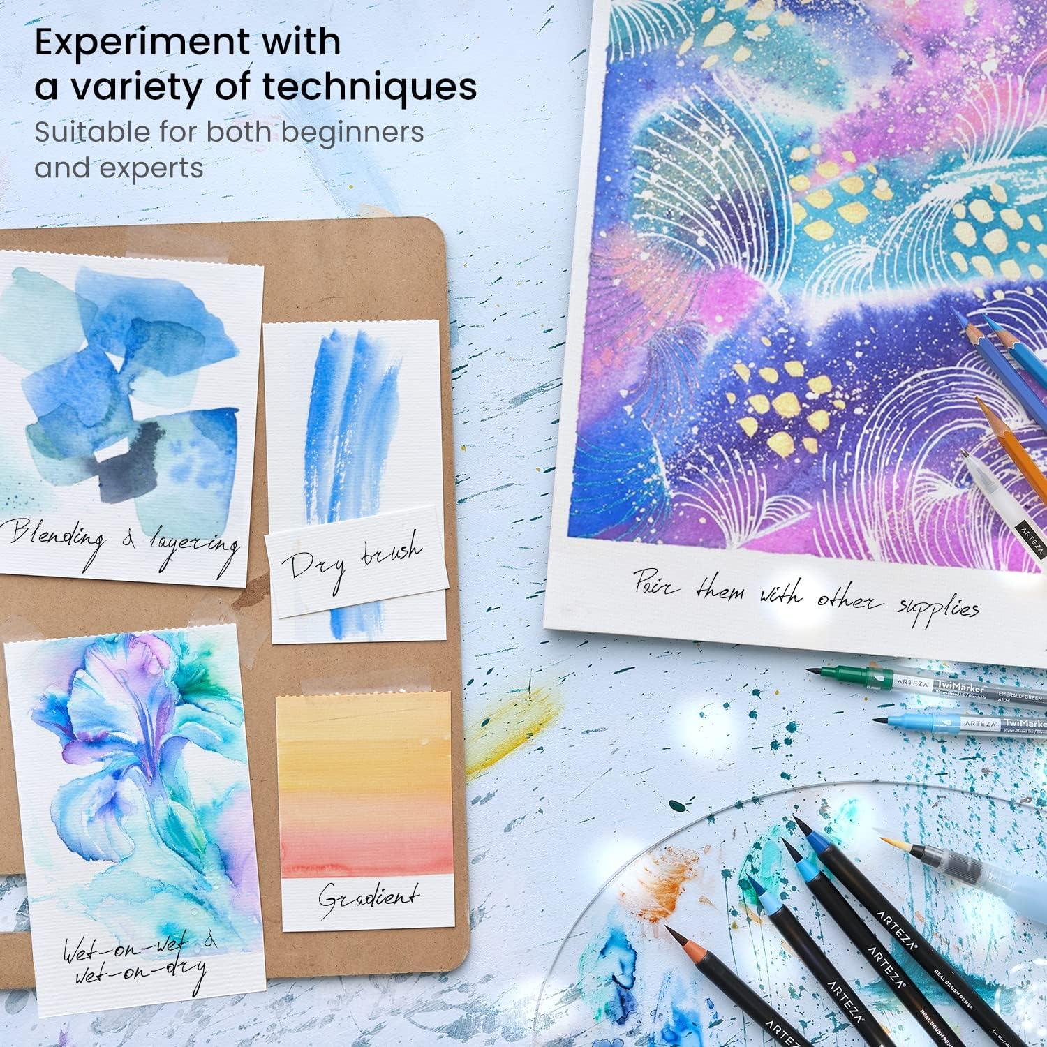 imageARTEZA Watercolor Pens 36 DualTip Markers with Flexible Nylon Brush Tips Classic Tones Double Sided Markers with Water Brush36