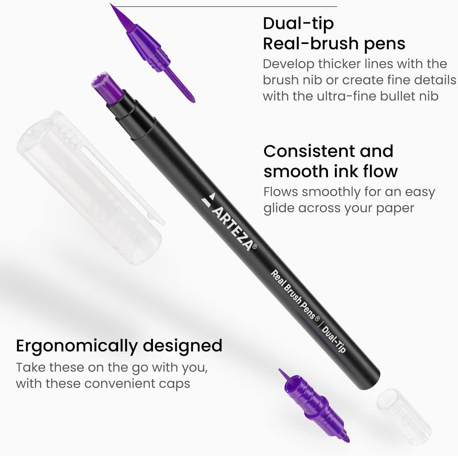 imageARTEZA Watercolor Pens 36 DualTip Markers with Flexible Nylon Brush Tips Classic Tones Double Sided Markers with Water Brush36