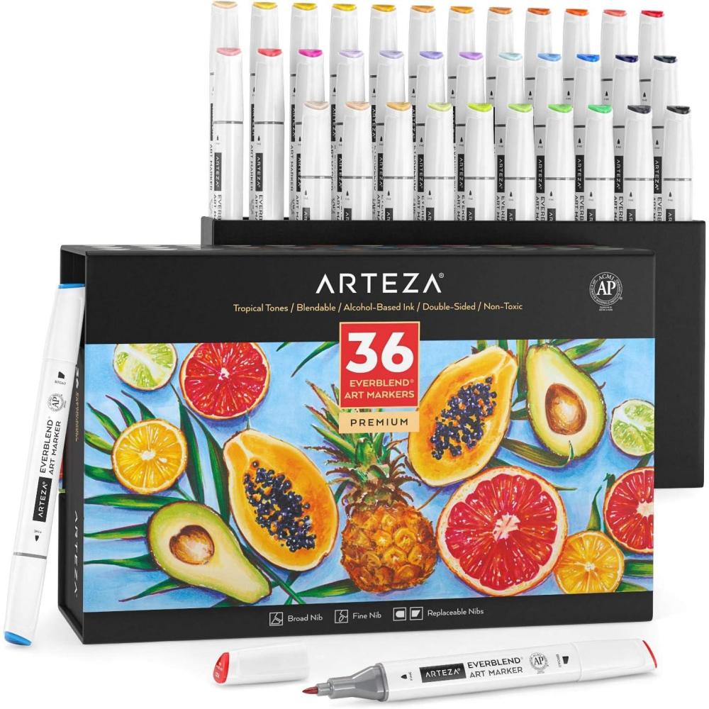 imageARTEZA Art Alcohol Markers Set of 72 Colors EverBlend Dual Tip Markers with Organizer Box Fine and Broad Chisel NibTropical Tones
