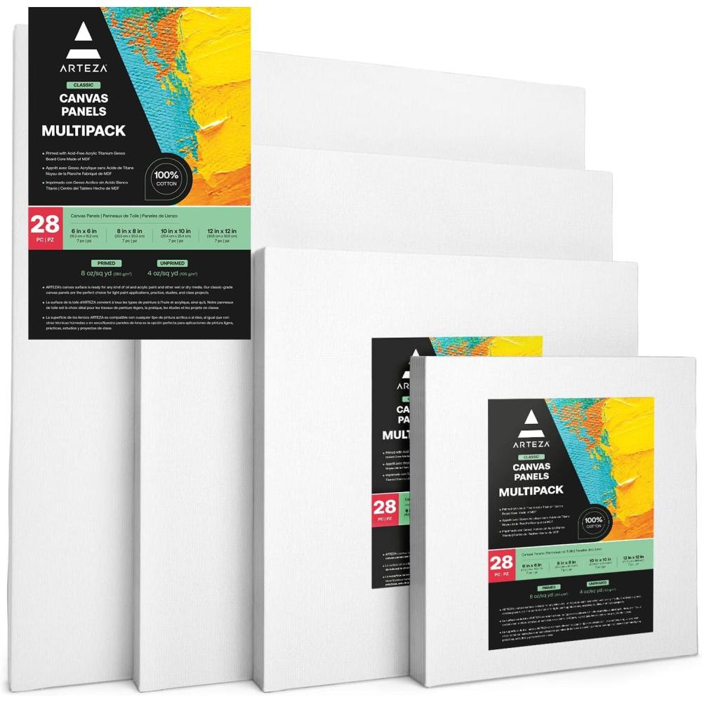imageARTEZA Canvas Boards for Painting 5 x 7 Inches Pack of 14 Blank White Small Canvas Panels for Acrylic Oil and Gouache Painting6x6 8x8 10x10 12x12 Pack of 28