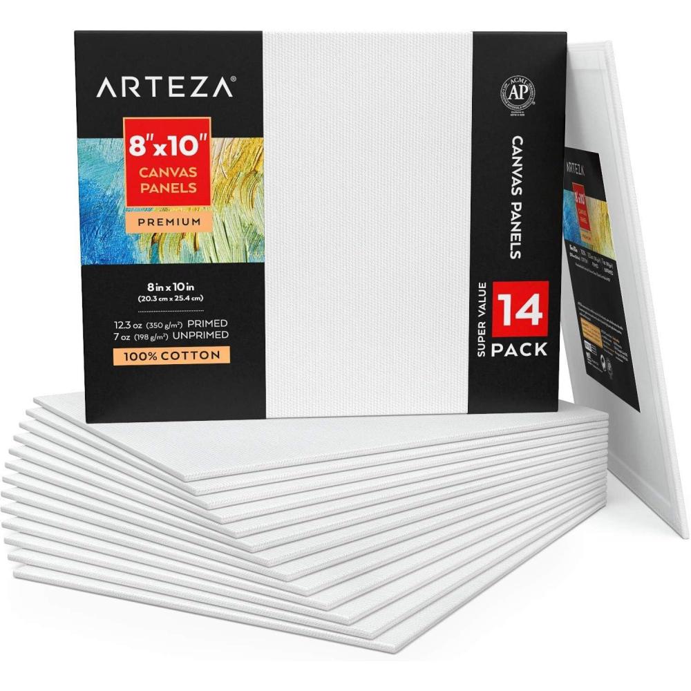 imageARTEZA Canvas Boards for Painting 5 x 7 Inches Pack of 14 Blank White Small Canvas Panels for Acrylic Oil and Gouache Painting8 x 10 Pack of 14