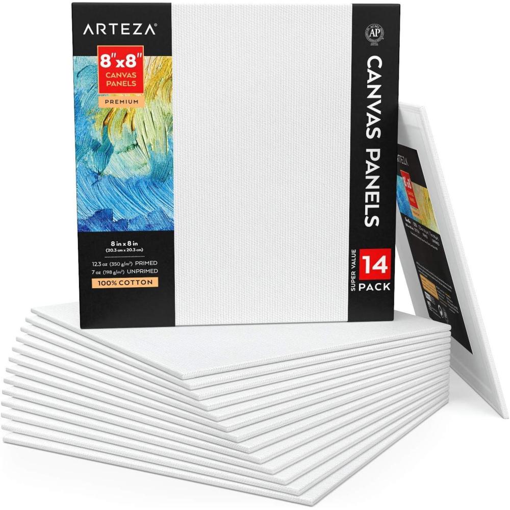 imageARTEZA Canvas Boards for Painting 5 x 7 Inches Pack of 14 Blank White Small Canvas Panels for Acrylic Oil and Gouache Painting8 x 8 inch 14 pack