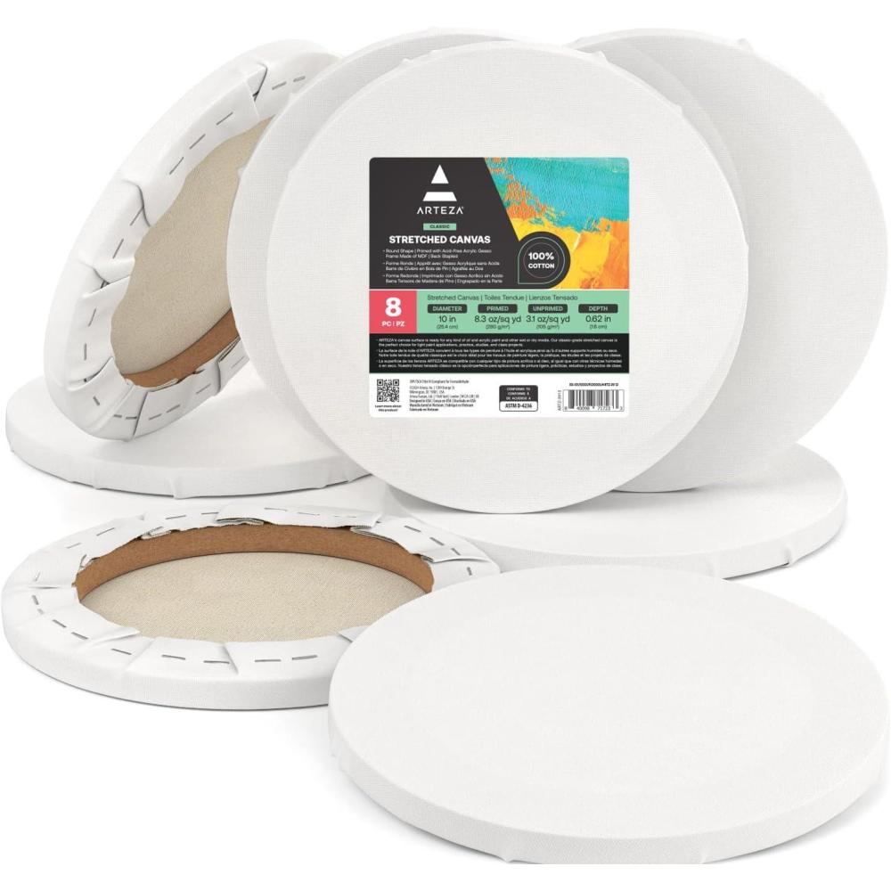 imageARTEZA Round Stretched Canvas 8 Inch Diameter Pack of 10 Blank White Canvas Boards for Acrylic Oil and Gouache Painting10 Inch