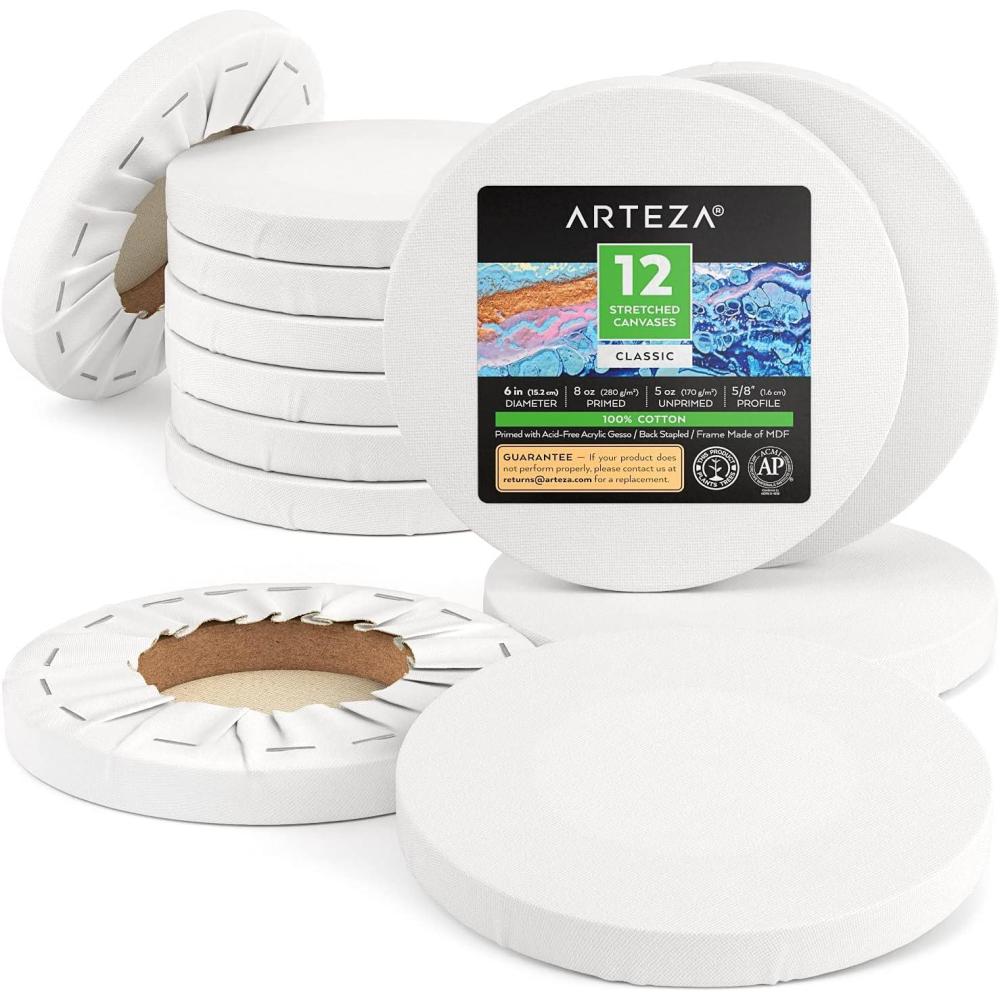 imageARTEZA Round Stretched Canvas 8 Inch Diameter Pack of 10 Blank White Canvas Boards for Acrylic Oil and Gouache Painting6 inch