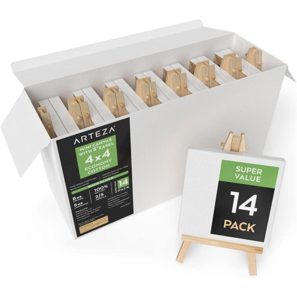 imageARTEZA Small Canvases for Painting with Easels Pack of 14 3 x 3 Inches Blank White Canvas for Painting Art Supplies for Acrylic Oil and GouacheMulticolor