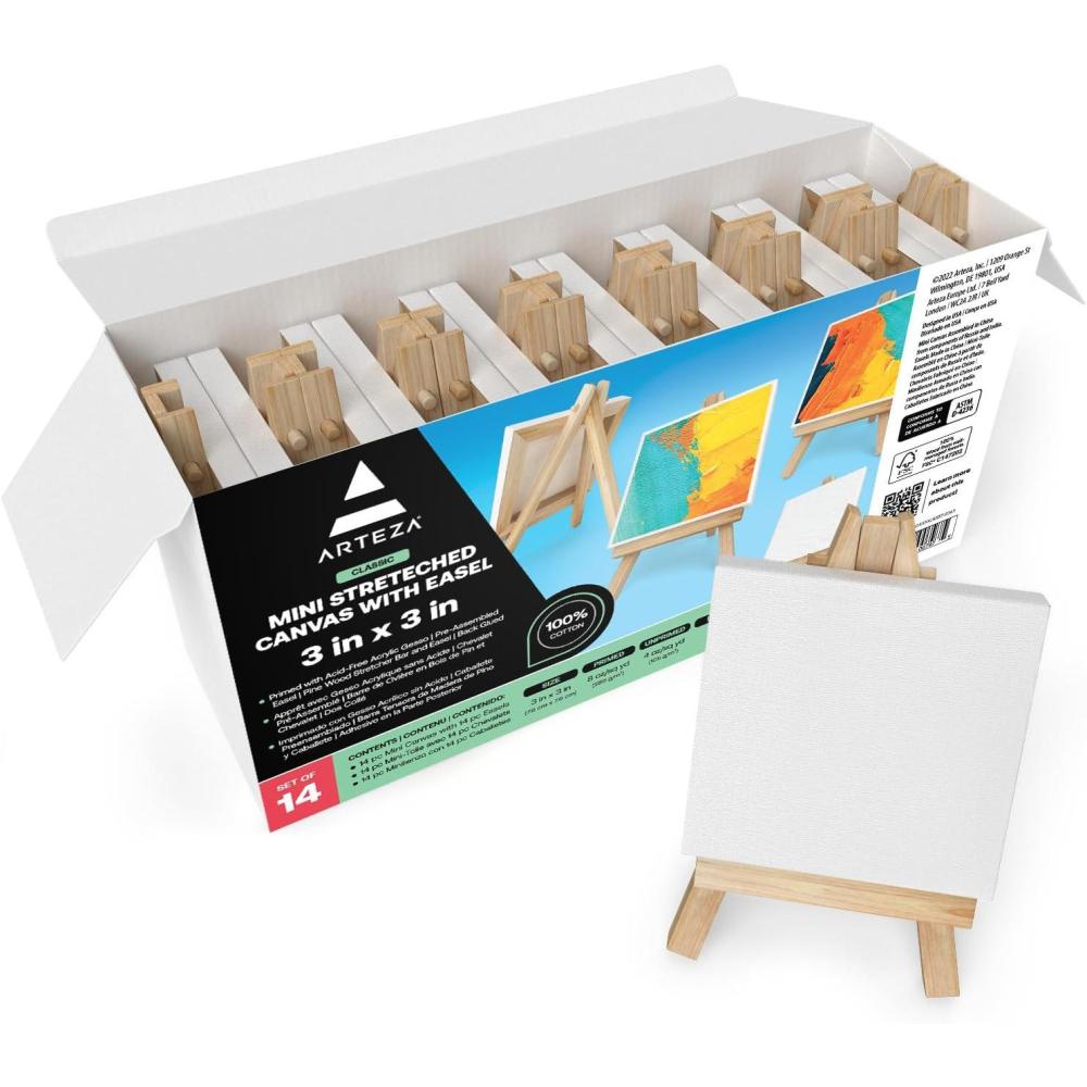 imageARTEZA Small Canvases for Painting with Easels Pack of 14 3 x 3 Inches Blank White Canvas for Painting Art Supplies for Acrylic Oil and GouacheWhite Classic
