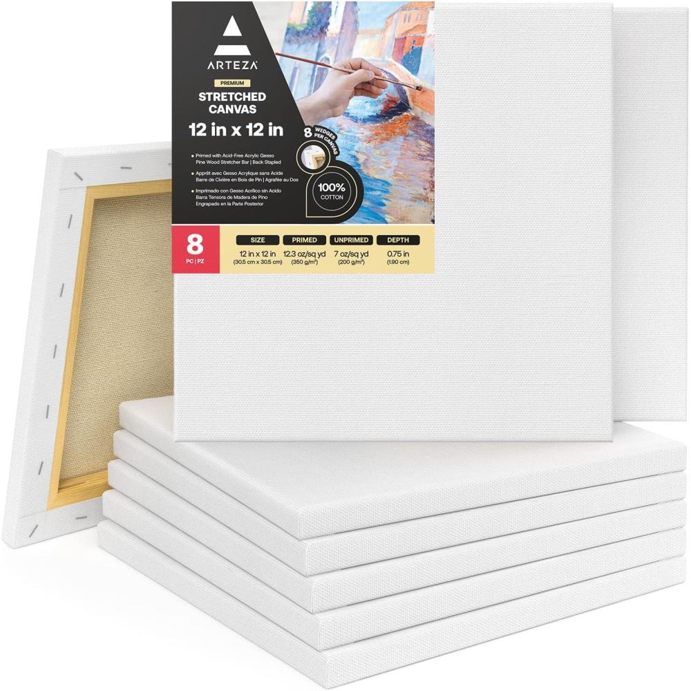imageARTEZA Small Canvases for Painting with Easels Pack of 14 3 x 3 Inches Blank White Canvas for Painting Art Supplies for Acrylic Oil and GouacheWhite Premium