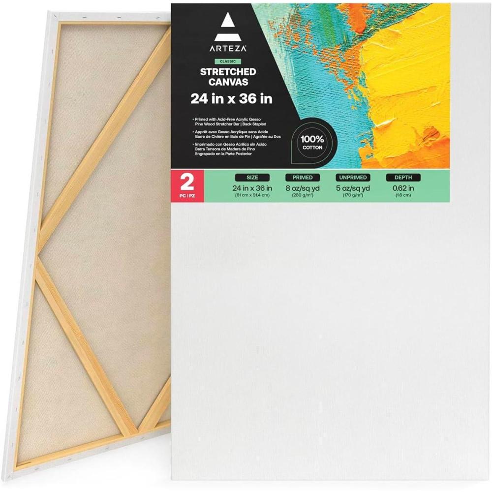 imageARTEZA Stretched Canvas 24 x 36 Inches Pack of 2 Blank White Large Canvas for Painting for Acrylic Oil and Gouache Paints