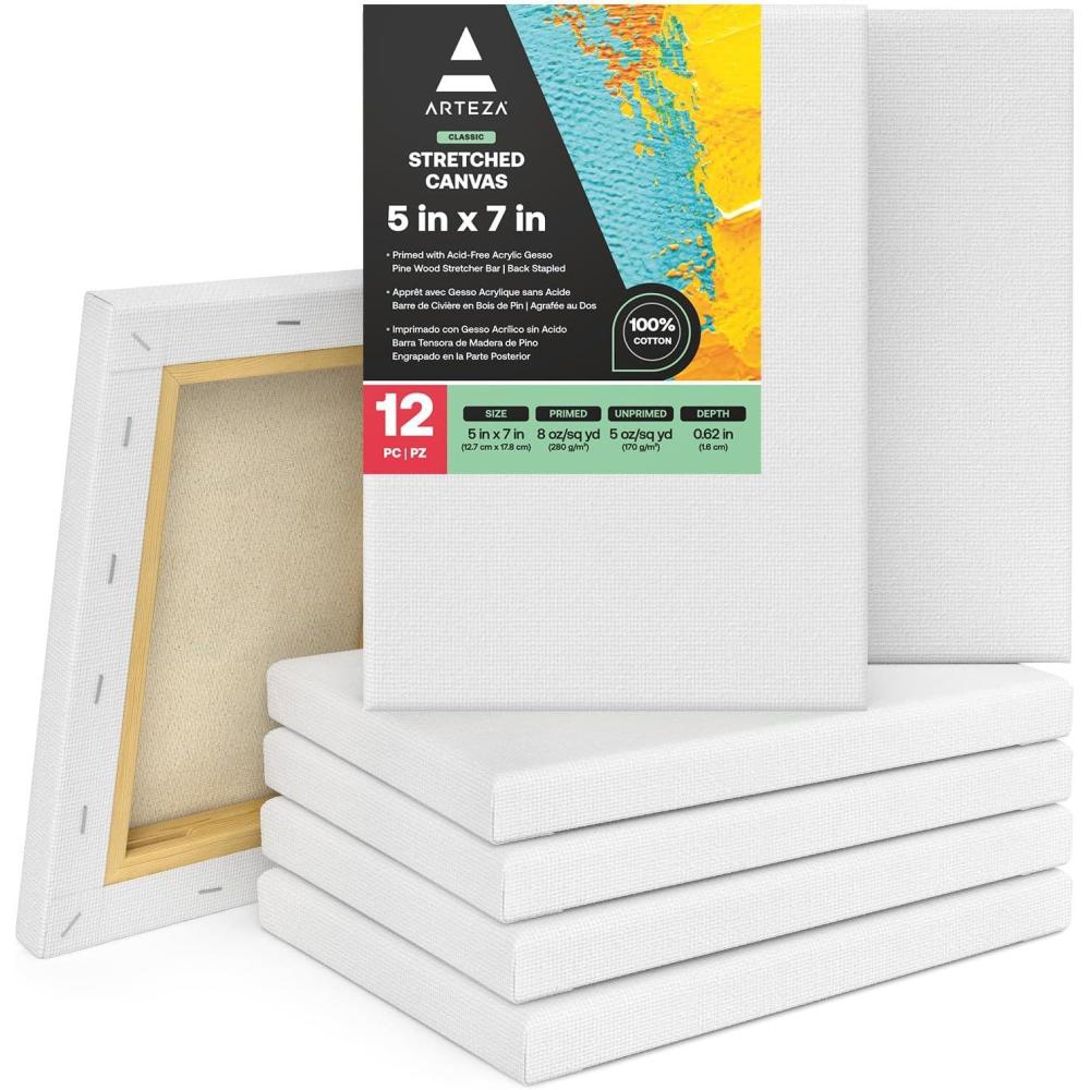 imageARTEZA Stretched Canvas 5 x 7 Inches Pack of 12 Blank White Canvas for Painting for Acrylic Oil and Gouache Paintswhite
