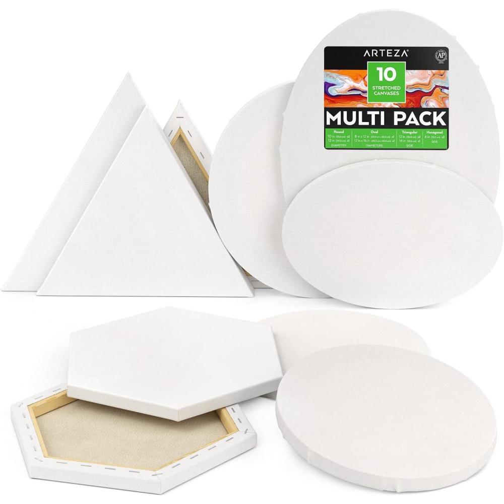 imageARTEZA Stretched Canvas Multipack of 10 Round Oval Triangle and Hexagonal Canvas Blank White Canvas Boards for Acrylic Oil and Gouache PaintingLarge