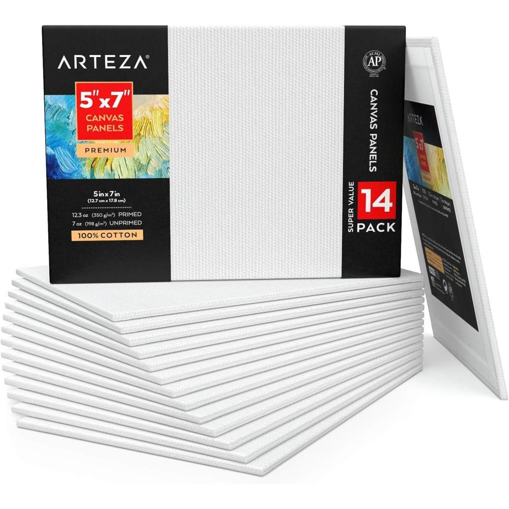 imageArteza Canvas Boards for Painting Pack of 14 5 x 7 Inches Blank White Canvas Panels 100 Cotton 123 oz GessoPrimed Art Supplies for Acrylic Pouring and Oil Painting