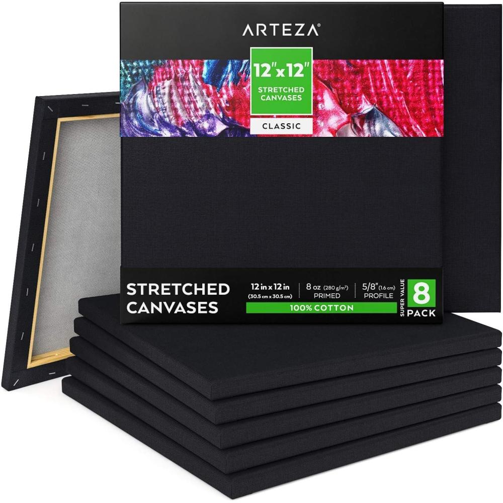 imageArteza Paint Canvases for Painting Pack of 8 12 x 12 Inches Square Black Canvas Bulk 100 Cotton Stretched Canvas 8 oz GessoPrimed Art Supplies for Adults for Acrylic Pouring and Oil Painting
