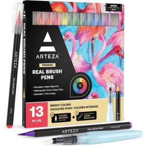 ARTEZA 12 Watercolor Pens for Artists, Landscape Tones Real Brush Pens, Blendable Watercolor Markers for Adults(Bright Colors)