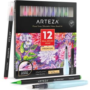 ARTEZA 12 Watercolor Pens for Artists, Landscape Tones Real Brush Pens, Blendable Watercolor Markers for Adults(Flower Colors)