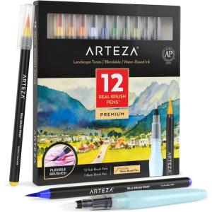 ARTEZA 12 Watercolor Pens for Artists, Landscape Tones Real Brush Pens, Blendable Watercolor Markers for Adults(Landscape Colors)