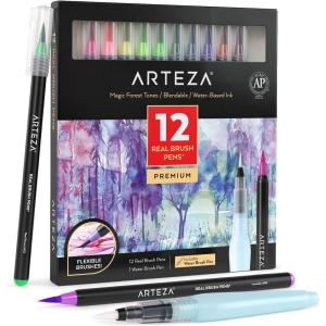 ARTEZA 12 Watercolor Pens for Artists, Landscape Tones Real Brush Pens, Blendable Watercolor Markers for Adults(Magic Colors)