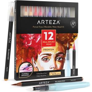 ARTEZA 12 Watercolor Pens for Artists, Landscape Tones Real Brush Pens, Blendable Watercolor Markers for Adults(Portrait Colors)