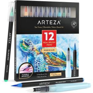 ARTEZA 12 Watercolor Pens for Artists, Landscape Tones Real Brush Pens, Blendable Watercolor Markers for Adults(Sea Colors)