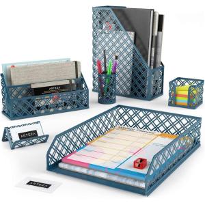 ARTEZA 6-Piece Teal Desk Accessories Set, Essential Desktop Organizer for Home Office, Includes Paper Organizer, Pencil Holder, Letter Sorter & More, Teal Office Supplies(Dark Green)