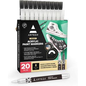 ARTEZA Acrylic Paint Markers, Set of 20 Black & White Acrylic Paint Pens, Art Markers for Glass, Pottery, Ceramic, Plastic, Rocks, and Canvas(White/Black)