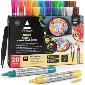 ARTEZA Acrylic Paint Markers, Set of 40 Acrylic Paint Pens in Assorted Colors, Art Markers for Glass, Pottery, Ceramic, Plastic, Rocks, and Canvas(Big barrel)