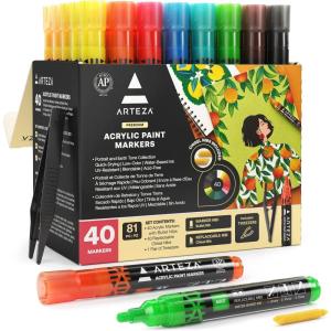 ARTEZA Acrylic Paint Markers, Set of 40 Acrylic Paint Pens in Assorted Colors, Art Markers for Glass, Pottery, Ceramic, Plastic, Rocks, and Canvas(Pack of 40 (81 pc))
