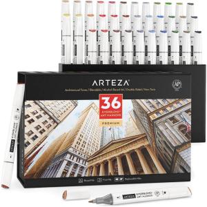 ARTEZA Art Alcohol Markers Set of 72 Colors, EverBlend Dual Tip Markers with Organizer Box, Fine and Broad Chisel Nib(Architecture Tones)