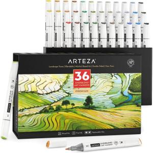 ARTEZA Art Alcohol Markers Set of 72 Colors, EverBlend Dual Tip Markers with Organizer Box, Fine and Broad Chisel Nib(Landscape Tones)